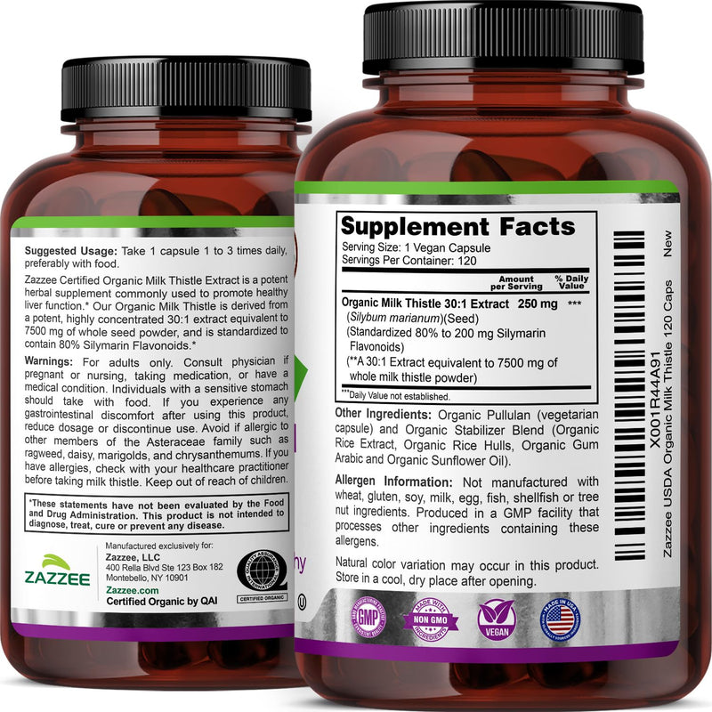Zazzee USDA Organic Milk Thistle 30:1 Extract - 7500 mg, 120 Veg Capsules
