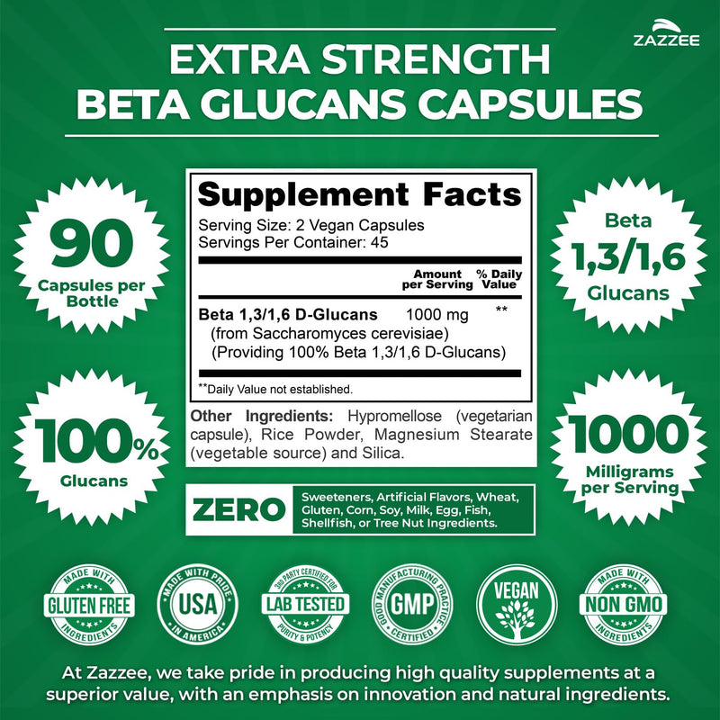 Zazzee Extra Strength Beta Glucans 1000 mg | 90 Vegan Capsules | Immune Support