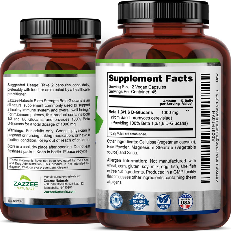 Zazzee Extra Strength Beta Glucans 1000 mg | 90 Vegan Capsules | Immune Support