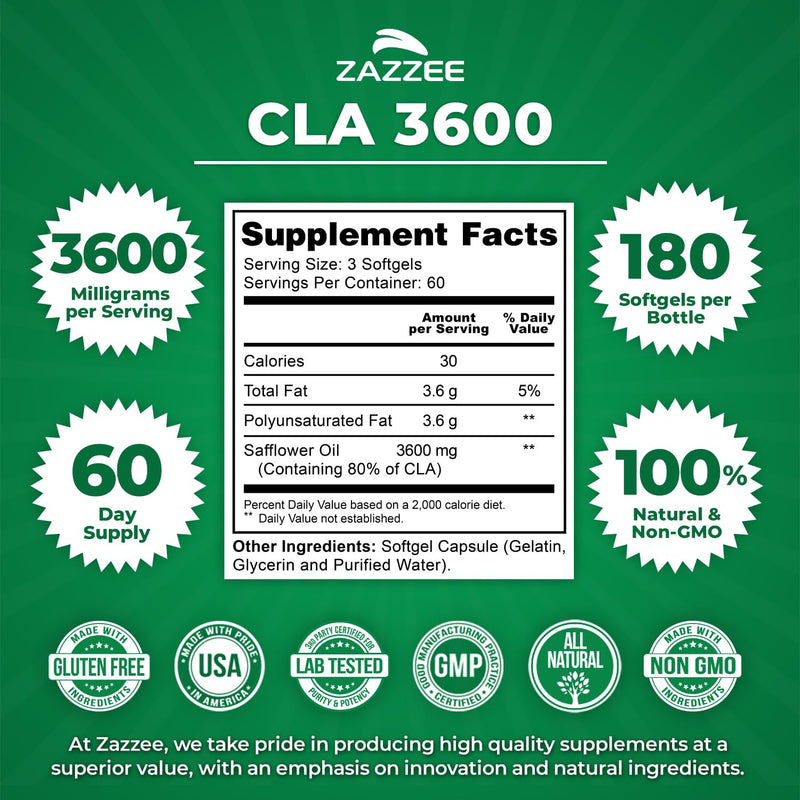 Zazzee High Potency CLA 3600 - 180 Softgels, 60 Day Supply, Non-GMO, Made in USA