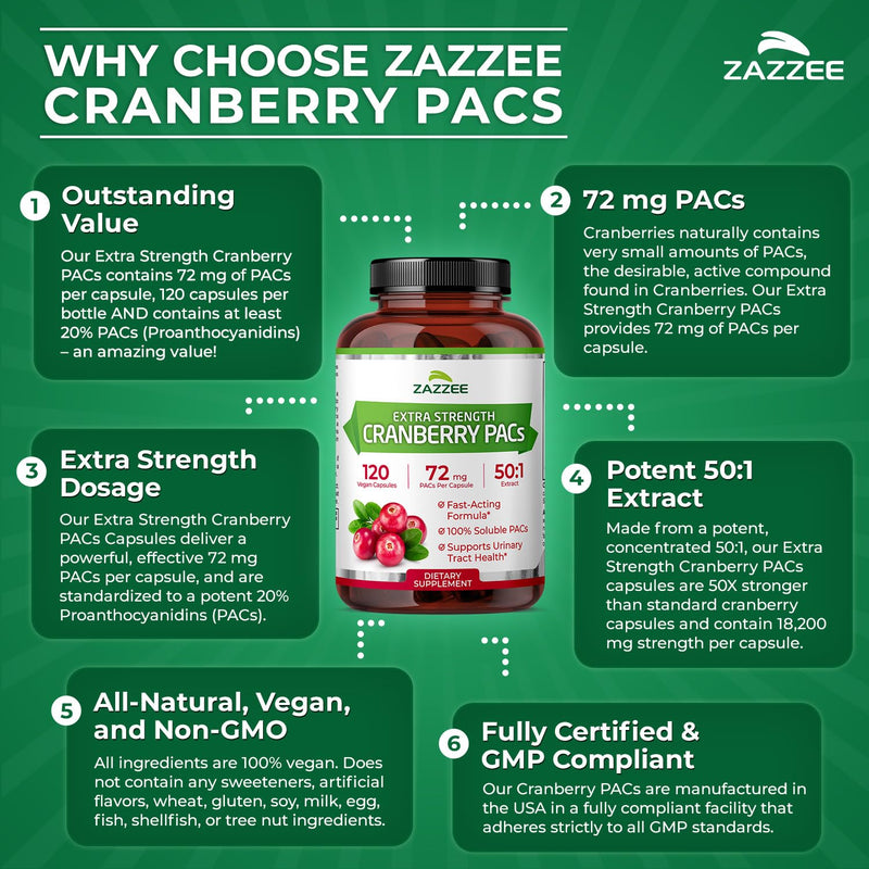 Zazzee Cranberry PACs – 72 mg per Capsule, 2x Strength, 120 Vegan Capsules, 50:1 Extract, Made in USA
