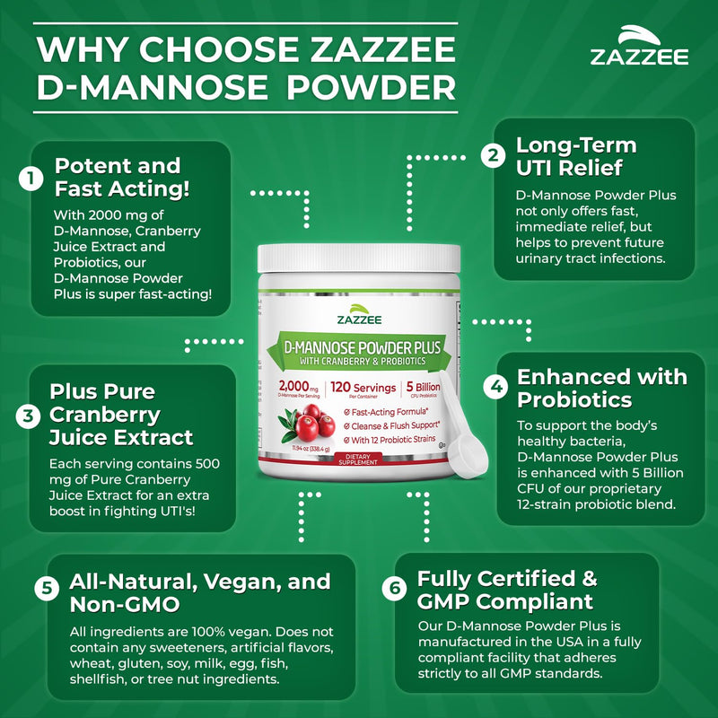 Zazzee D-Mannose Powder Plus with Probiotics & Cranberry Juice Extract | 2000 mg, 120 Servings