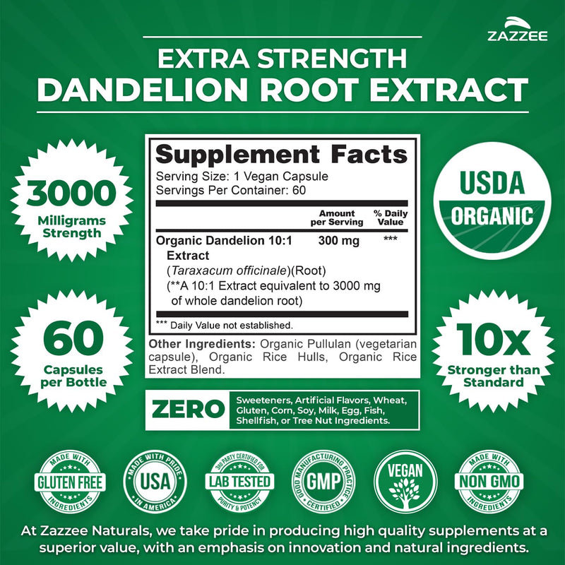 Zazzee Organic Dandelion Root 10:1 Extract - 3000 mg, 60 Capsules, 2-Month Supply