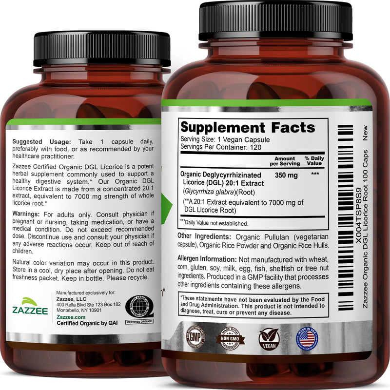 Zazzee USDA Organic DGL Licorice 7000 mg | 20:1 Extract | 120 Veg Capsules