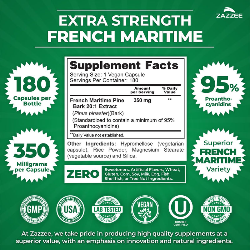 Zazzee Extra Strength French Maritime Pine Bark Extract 20:1 – 350 mg per Capsule, 180 Vegan Capsules