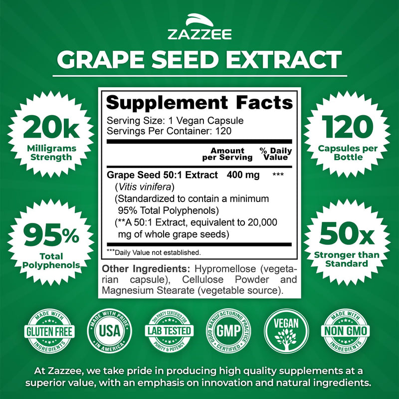 Zazzee Grape Seed Extract 50:1 – 120 Vegan Capsules | 95% Polyphenols
