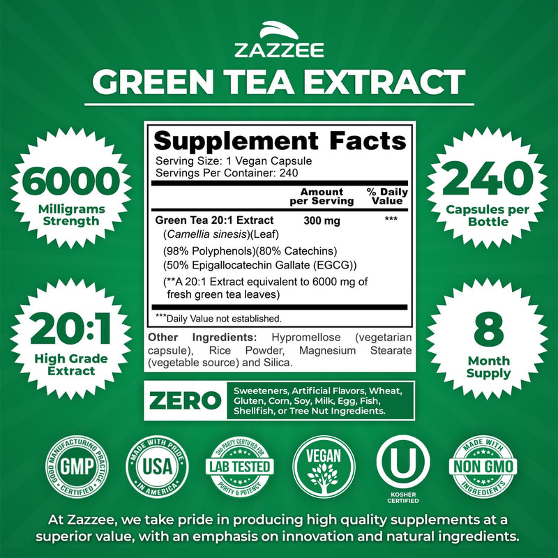 Zazzee Extra Strength Green Tea 20:1 Extract – 6000 mg, 8-Month Supply, 240 Vegan Capsules, 50% EGCG, 98% Polyphenols