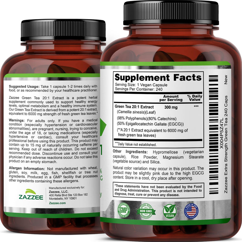 Zazzee Extra Strength Green Tea 20:1 Extract – 6000 mg, 8-Month Supply, 240 Vegan Capsules, 50% EGCG, 98% Polyphenols