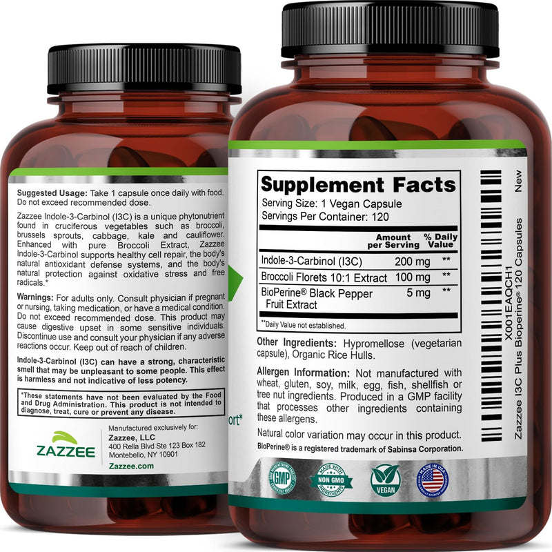 Zazzee Indole-3-Carbinol I3C 200 mg | 120 Vegan Capsules | 5 mg BioPerine