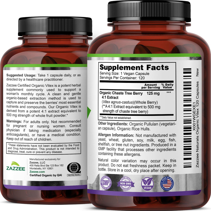 Zazzee USDA Organic Vitex 500 mg | 120 Vegan Capsules | 4-Month Supply
