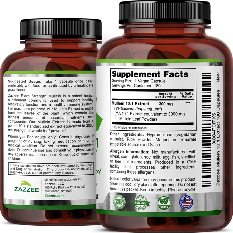 Zazzee Extra Strength Mullein 10:1 Extract – 3000 mg per Capsule, 180 Vegan Capsules, USA Made