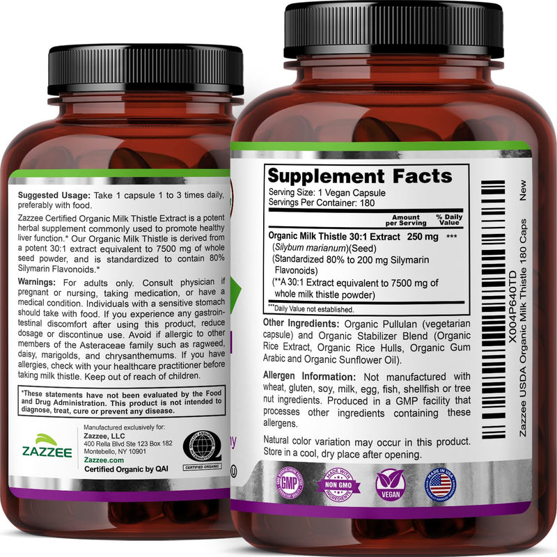 Zazzee USDA Organic Milk Thistle 30:1 Extract – 7500 mg per Capsule, 180 Vegan Capsules, 80% Silymarin, USA Made