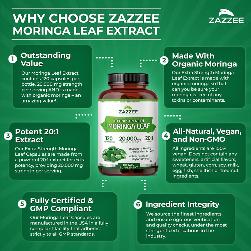 Zazzee Organic Moringa 20:1 Extract – 20,000 mg Strength, 120 Vegan Capsules, USA Made