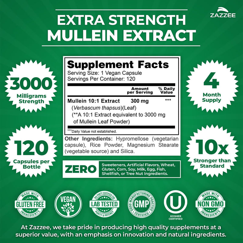 Zazzee Extra Strength Mullein 3000 mg – 120 Veg Capsules (4 Month) | 10:1 Extract