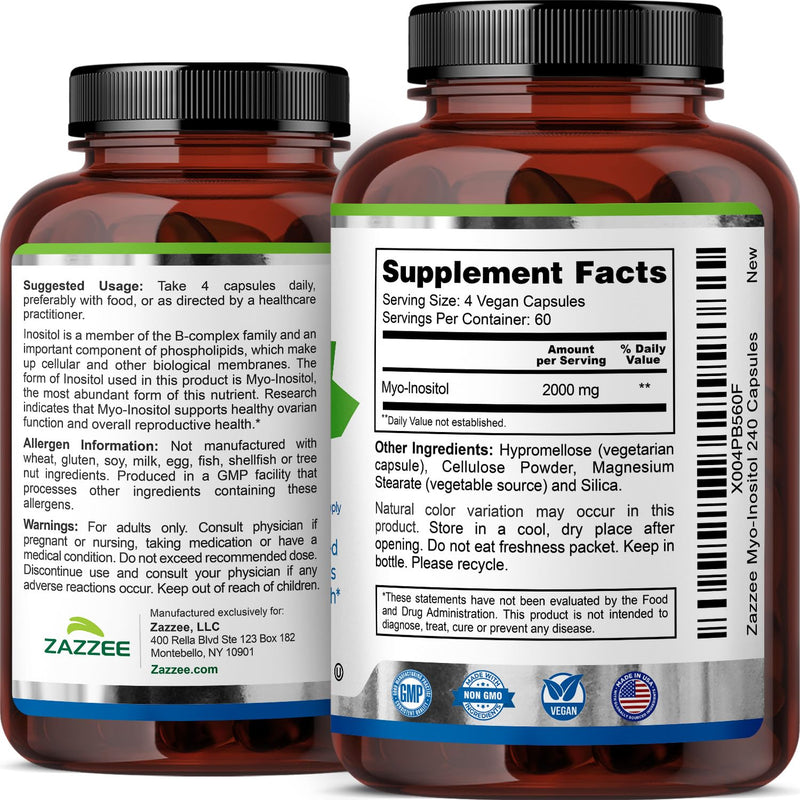 Zazzee Myo-Inositol Capsules - 2000 mg per Serving, 240 Vegetarian Capsules, 40:1 Ratio for Hormone Balance & Ovarian Support