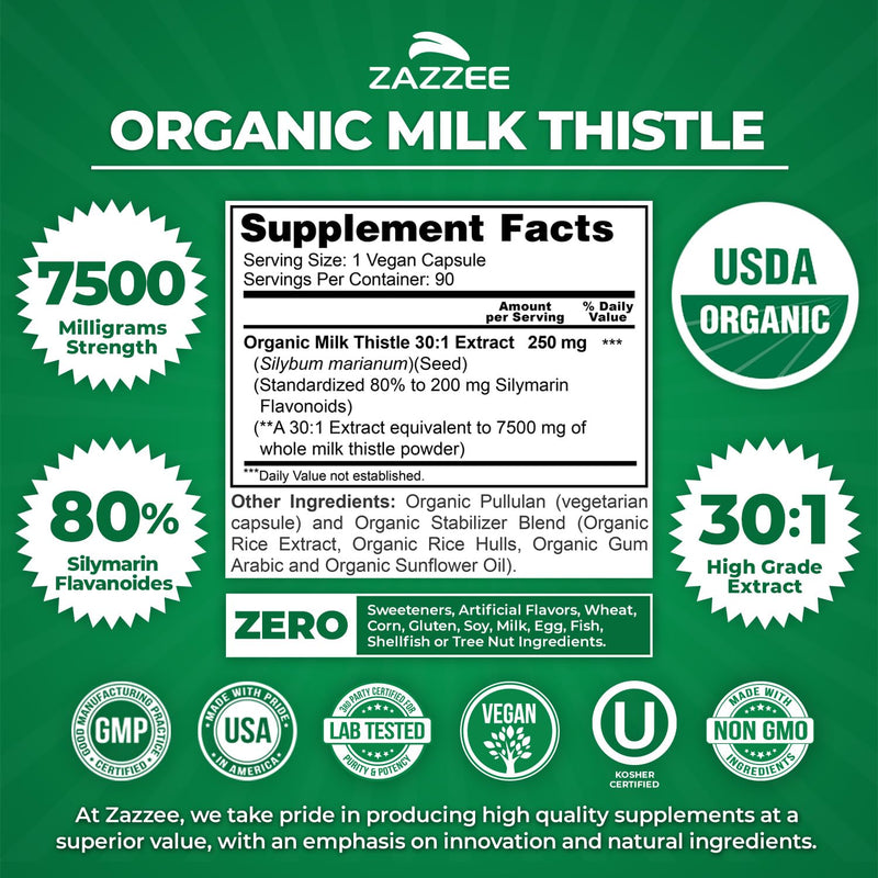 Zazzee USDA Organic Milk Thistle 30:1 Extract – 7500 mg, 90 Vegan Capsules, USA Made