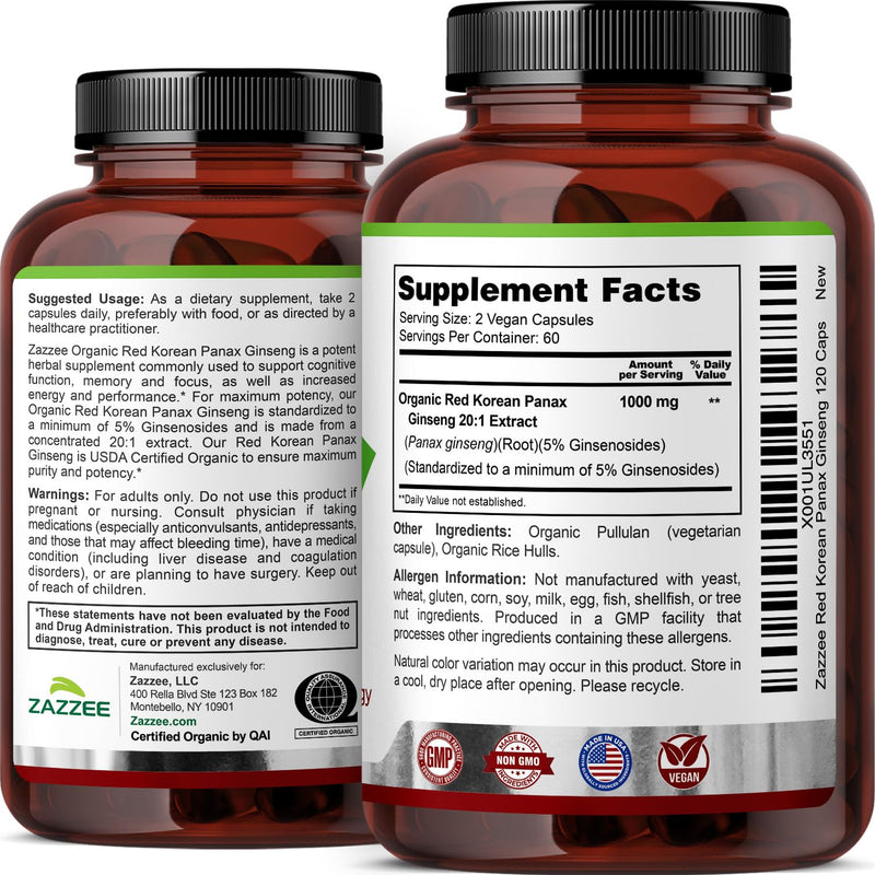Zazzee USDA Organic Red Korean Panax Ginseng – 20:1 Extract, 1000 mg, 120 Vegan Capsules