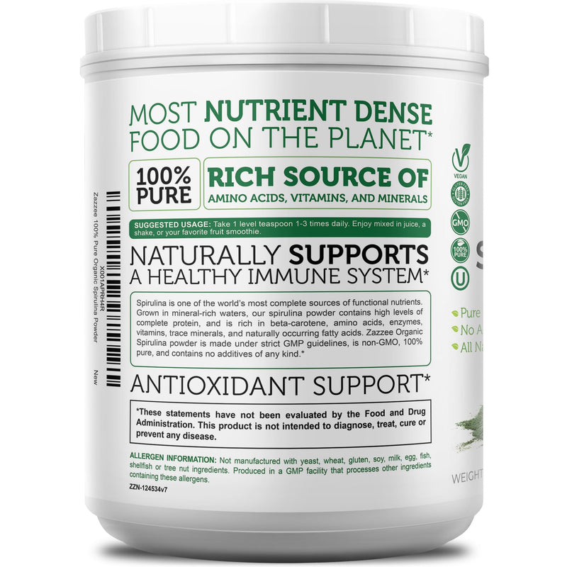 Zazzee Organic Spirulina Powder – 2.2 lb / 1 KG, USDA Certified, 303 Servings, Kosher, Non-GMO, Gluten-Free