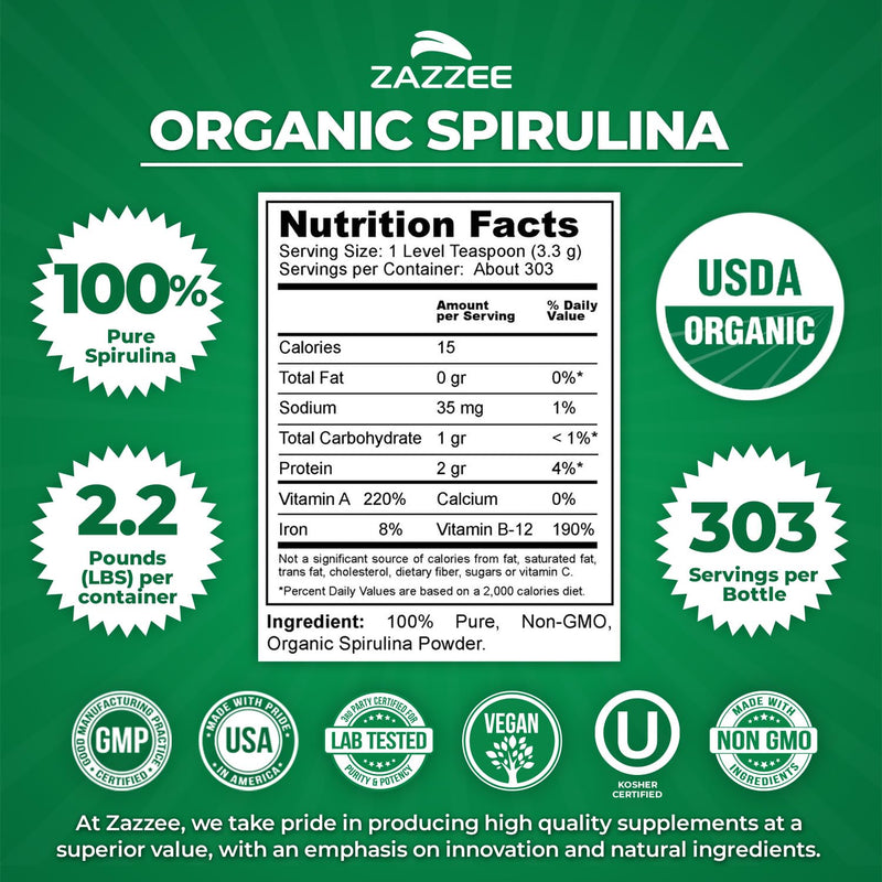 Zazzee Organic Spirulina Powder – 2.2 lb / 1 KG, USDA Certified, 303 Servings, Kosher, Non-GMO, Gluten-Free