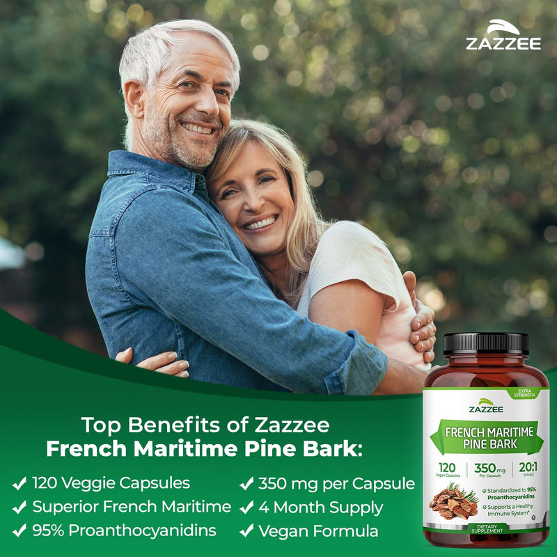 Zazzee Extra Strength French Maritime Pine Bark 20:1 Extract – 350 mg per Capsule, 120 Vegan Capsules, 95% Proanthocyanidins, Made in USA