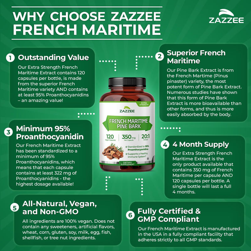 Zazzee Extra Strength French Maritime Pine Bark 20:1 Extract – 350 mg per Capsule, 120 Vegan Capsules, 95% Proanthocyanidins, Made in USA