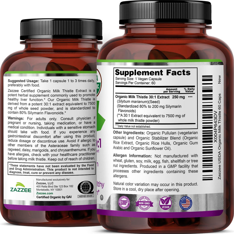 Zazzee USDA Organic Milk Thistle - 30:1 Extract, 7500 mg per Capsule | 60 Vegan Capsules | 80% Silymarin | Made in USA