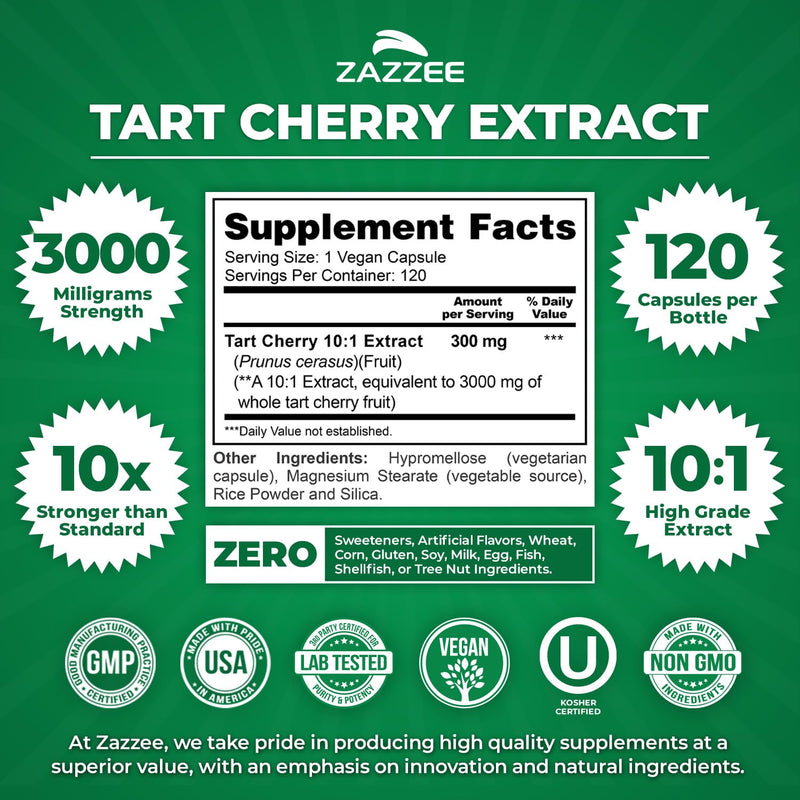 Zazzee Tart Cherry 10:1 Extract – 3000 mg Strength, 120 Vegan Capsules, 4-Month Supply