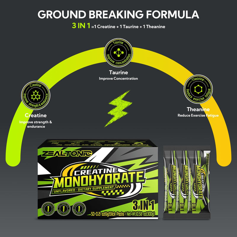 Zealtonic 5000mg Creatine Monohydrate Pack – 100 Servings with Taurine & L-Theanine