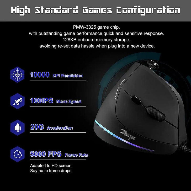 Zelotes Vertical Gaming RGB Mouse with Joystick