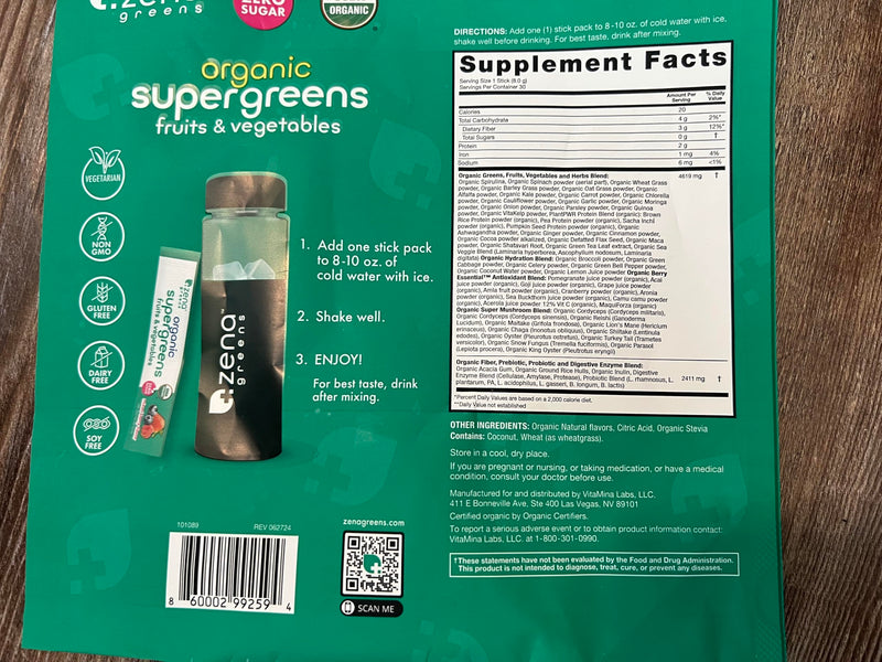 Zena Nutrition Organic Super Greens Powder – 70+ Superfoods, 0 Sugar