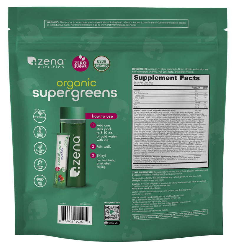 Zena Nutrition Organic Super Greens Powder – 70+ Superfoods, 0 Sugar