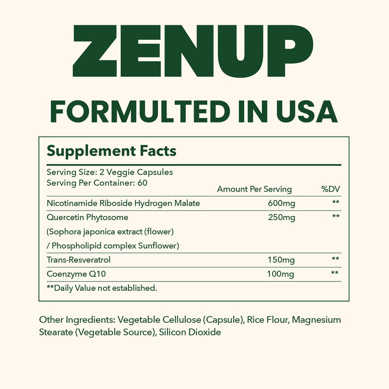 ZenUP NAD+ Supplement | 1100mg Liposomal NR with Resveratrol & Quercetin | Energy & Skin Support | 120 Caps