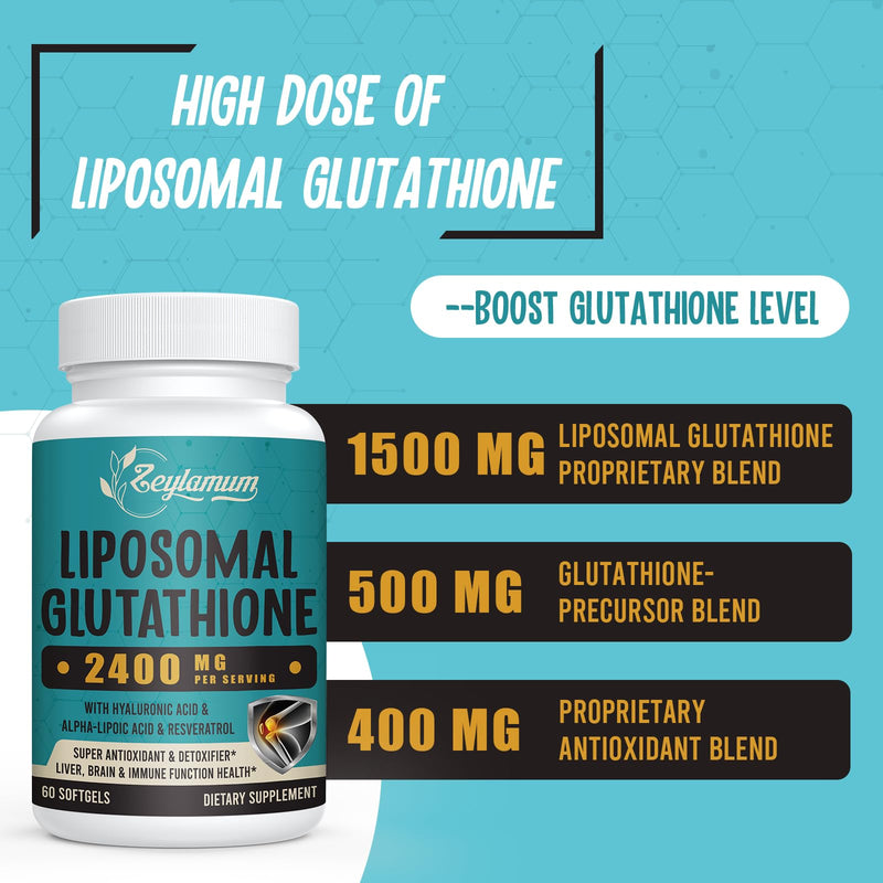 Zeylamum 2400 MG Liposomal Glutathione Softgels – High Absorption, Hyaluronic Acid & Resveratrol, 240 Softgels
