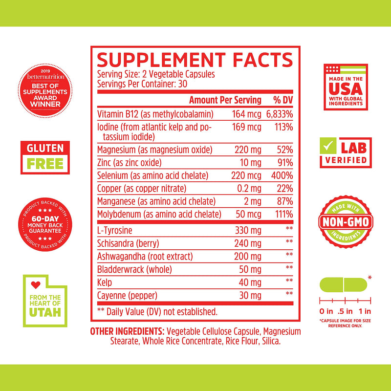 ZHOU Thyroid Support - Thyroid Supplement for Women & Men | Zinc, Iodine, Selenium, Ashwagandha | 60 Veggie Capsules
