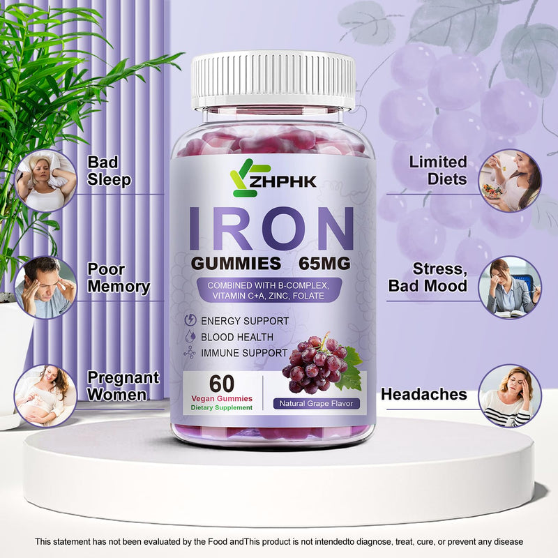ZHPHK Iron Gummies for Women and Men – Grape Flavor, 65mg Iron + 250mg Vitamin C | 60 Count