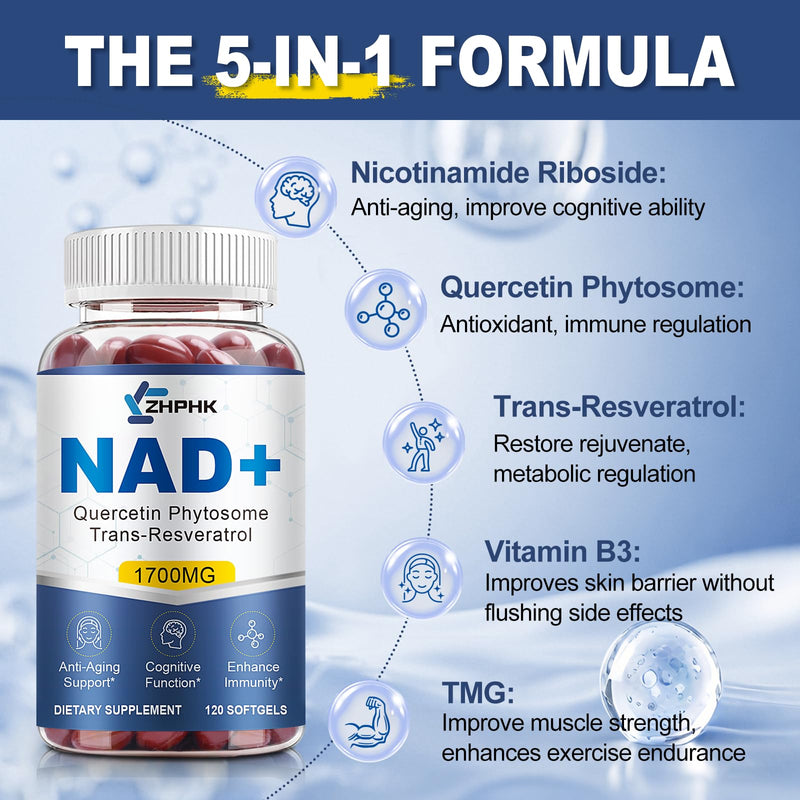 ZHPHK 1700mg NMN with Resveratrol, Nicotinamide Riboside Quercetin Phytosome & TMG – NAD Energy, Anti-Aging, 120 Count
