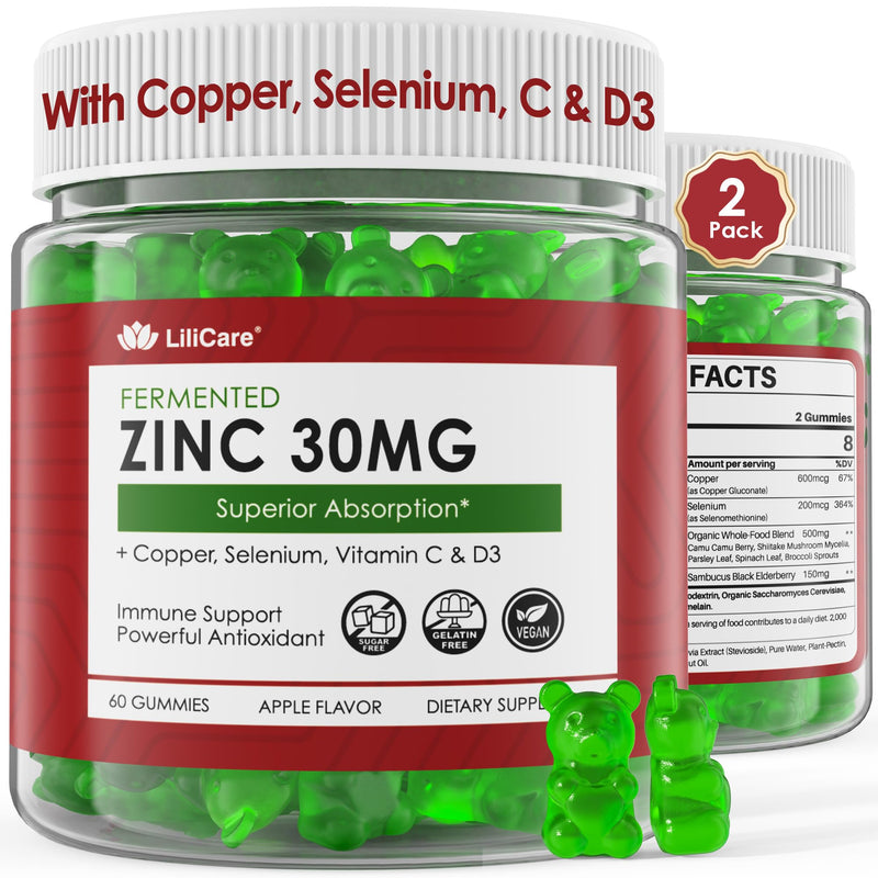 Zinc Gummies with Copper, Selenium, Vitamin C & D3 + Elderberry – Fermented Zinc (2 Pack) – Vegan, Sugar Free