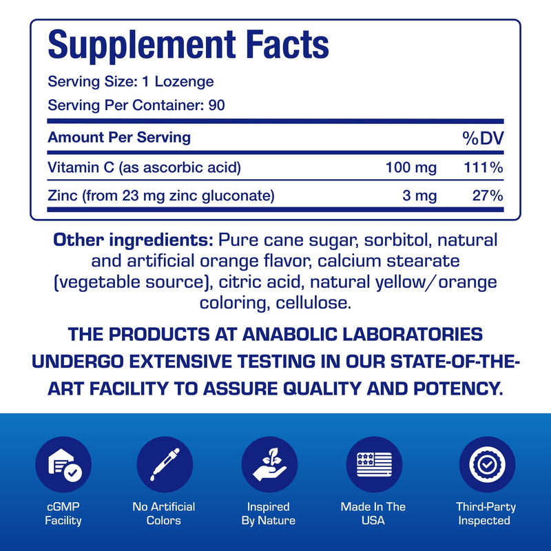 Zinc Lozenges with Vitamin C for Immune Support - High Absorption - 90 Count (Orange)