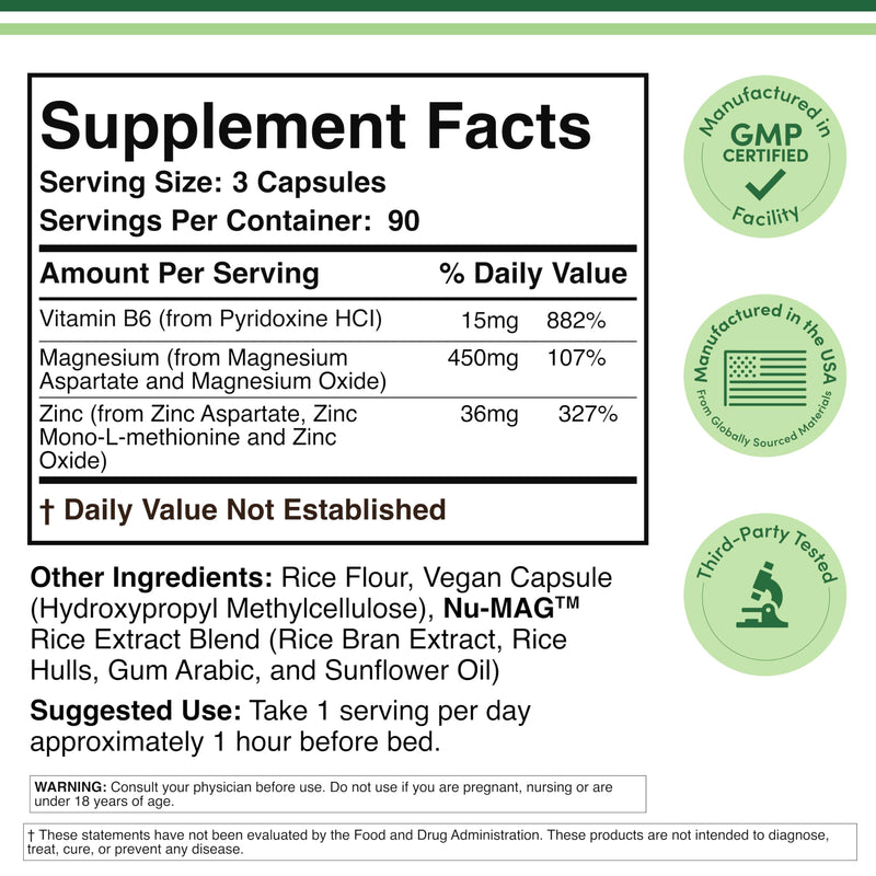 ZMA Supplement for Men and Women (Over 100% Daily Value of Zinc, Magnesium Aspartate, Vitamin B6) 501mg, 90 Capsules for Restfulness and Active Lifestyle Support by Double Wood Supplements