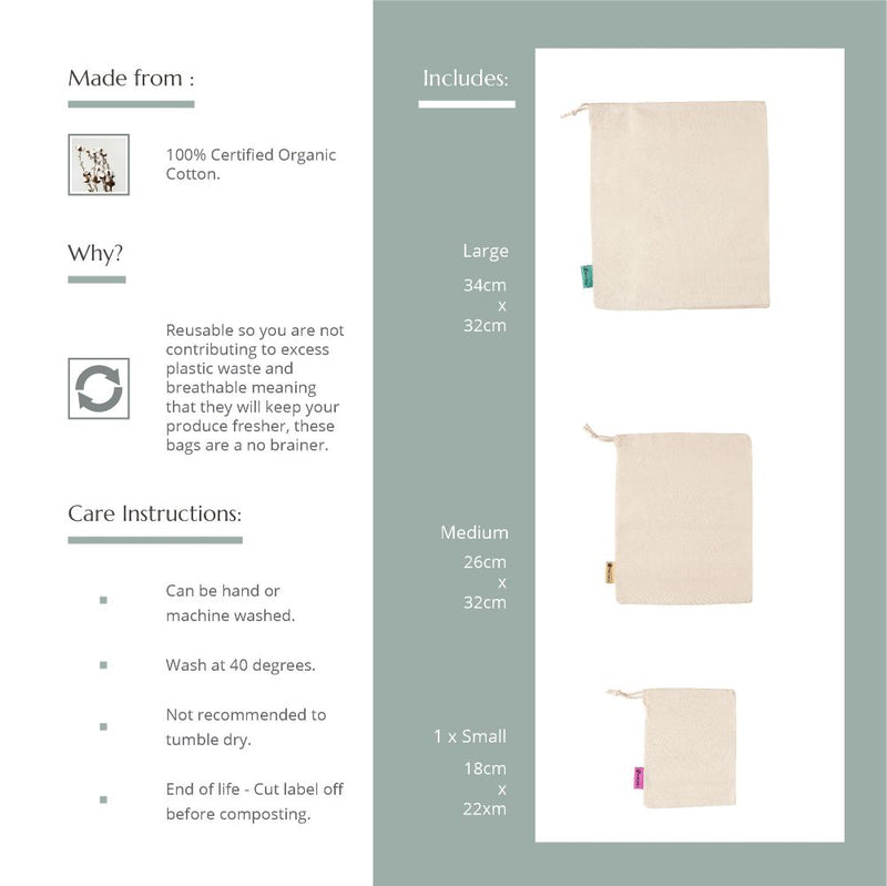 Reusable Produce Bags - Organic Cotton - Pack of 3