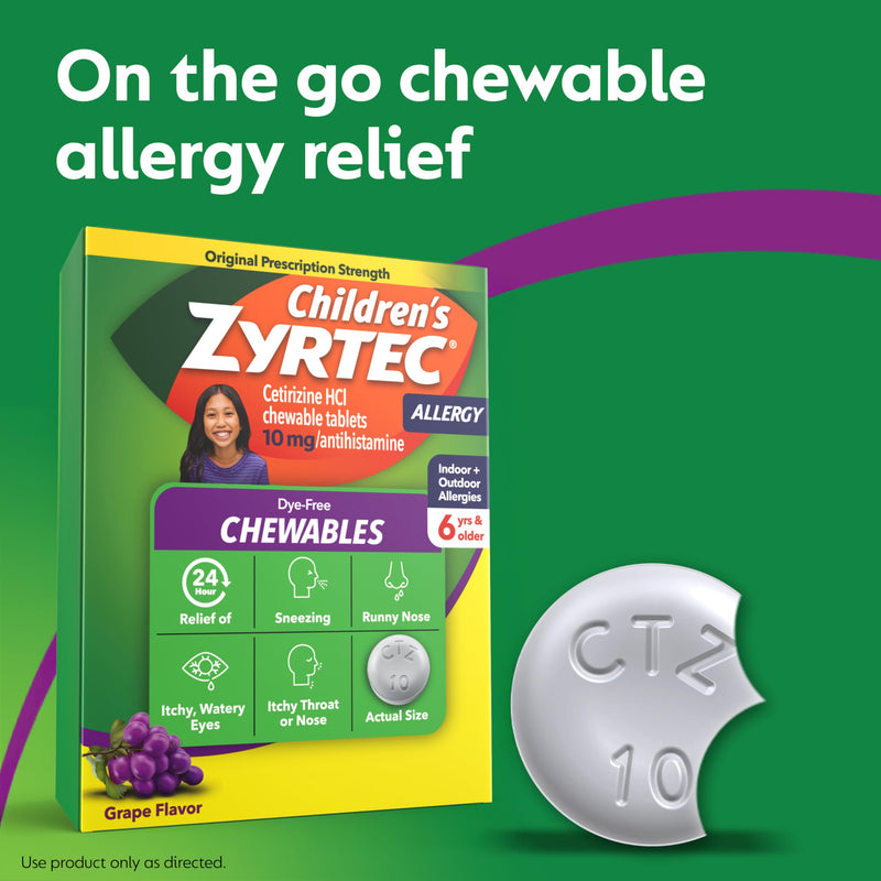 Zyrtec Children\u2019s Dye-Free Chewables  24-Hour Allergy Relief, Grape Flavor, 10 mg Cetirizine HCl, 24 ct